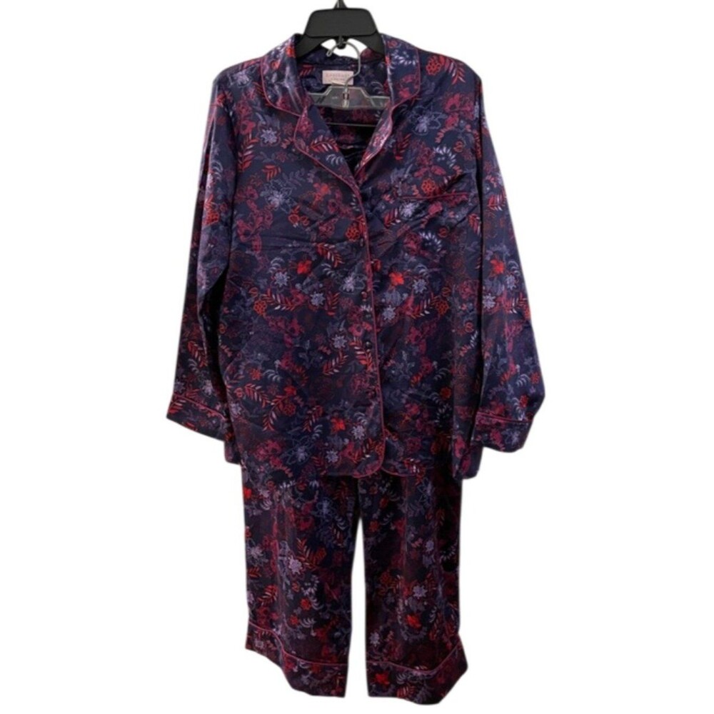 Cabernet by Sleep Sense Satin Pajama Set Women's Large Floral Button Front Navy